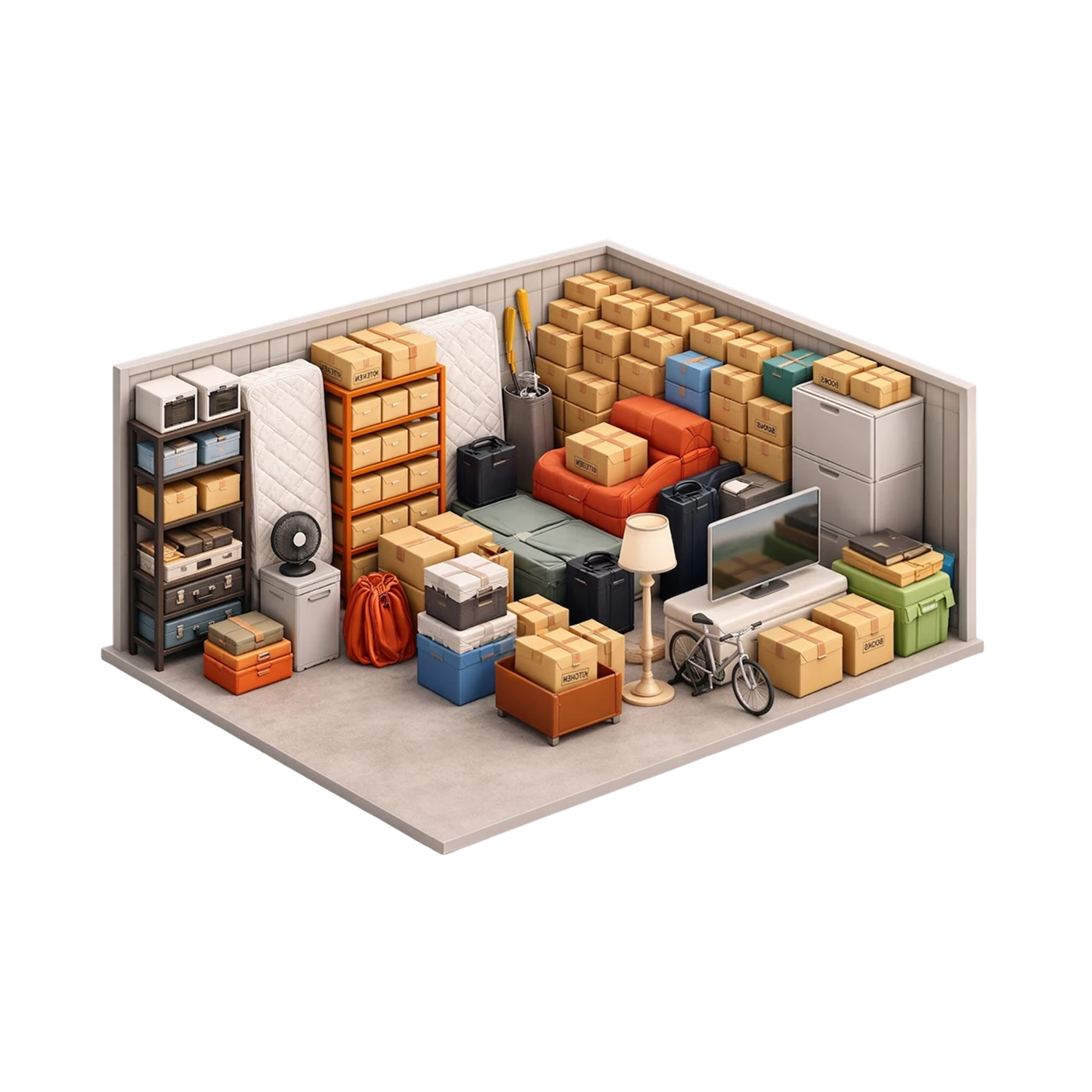 Illustration of a storage unit filled with household furniture and boxes
